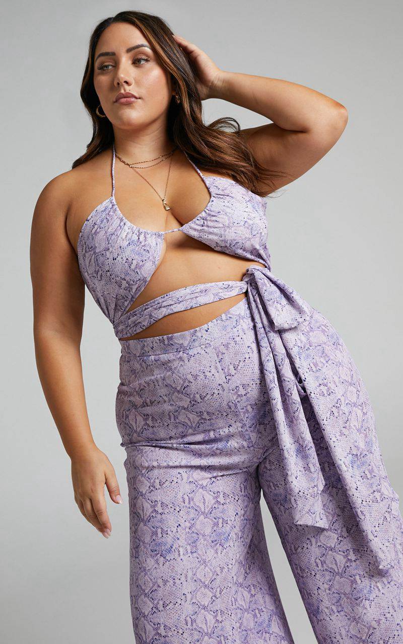 Showpo Khaji Top - Halter Scarf Bust Crop Top Lilac Snake Print | MDERLO025