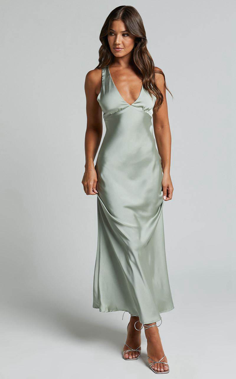 Showpo Khalani Midi Dress - Deep V Neck Satin Slip Dress Sage | FSCBJU487