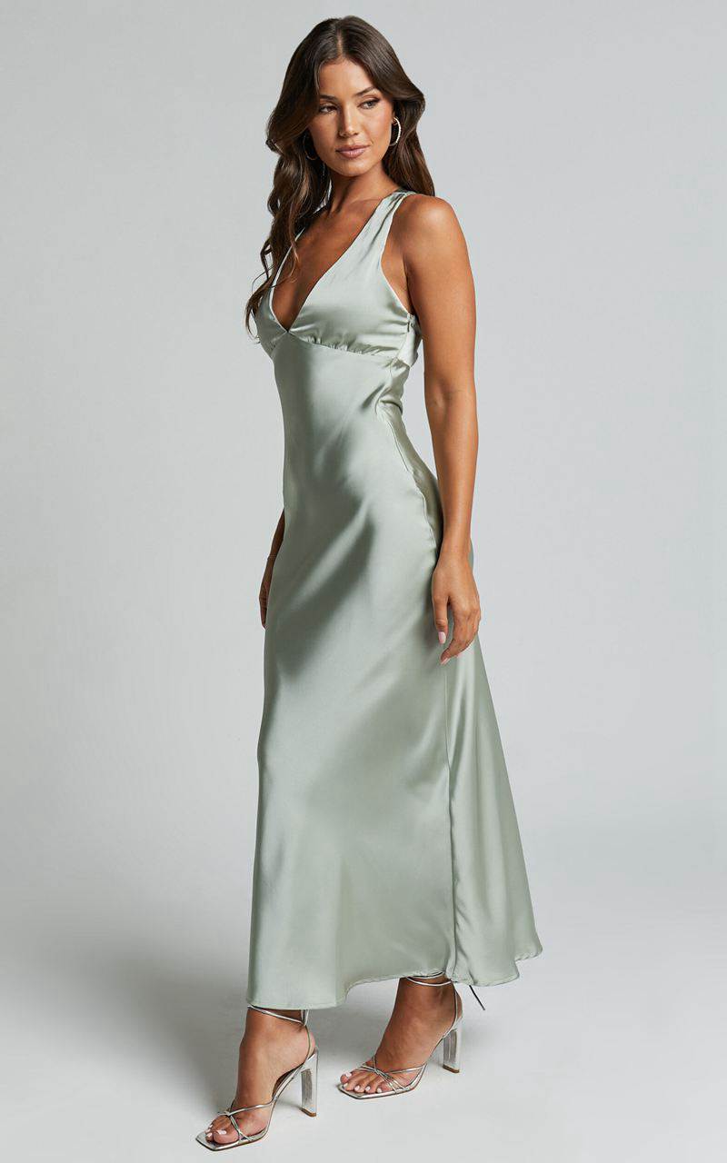 Showpo Khalani Midi Dress - Deep V Neck Satin Slip Dress Sage | FSCBJU487