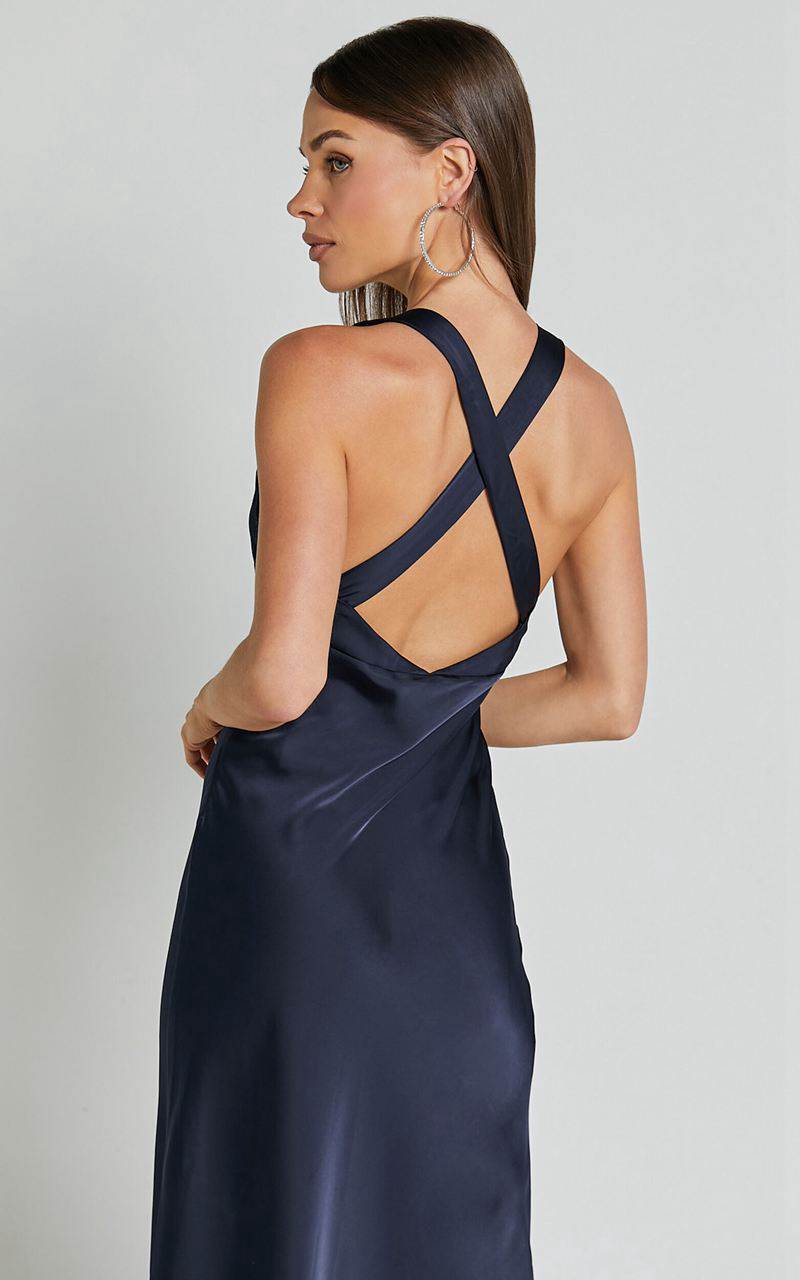 Showpo Khalani Midi Dress - Deep V Neck Satin Slip Dress Navy | DHJZQC294