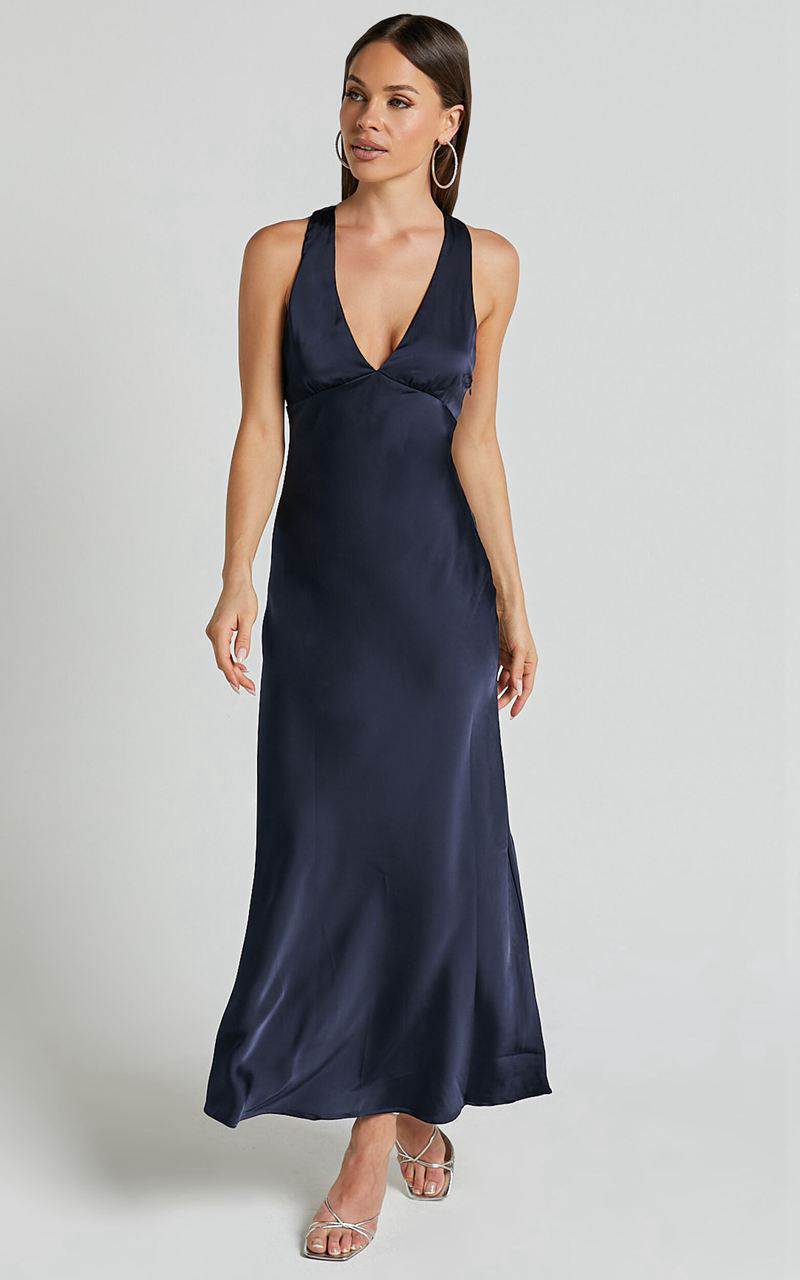 Showpo Khalani Midi Dress - Deep V Neck Satin Slip Dress Navy | DHJZQC294