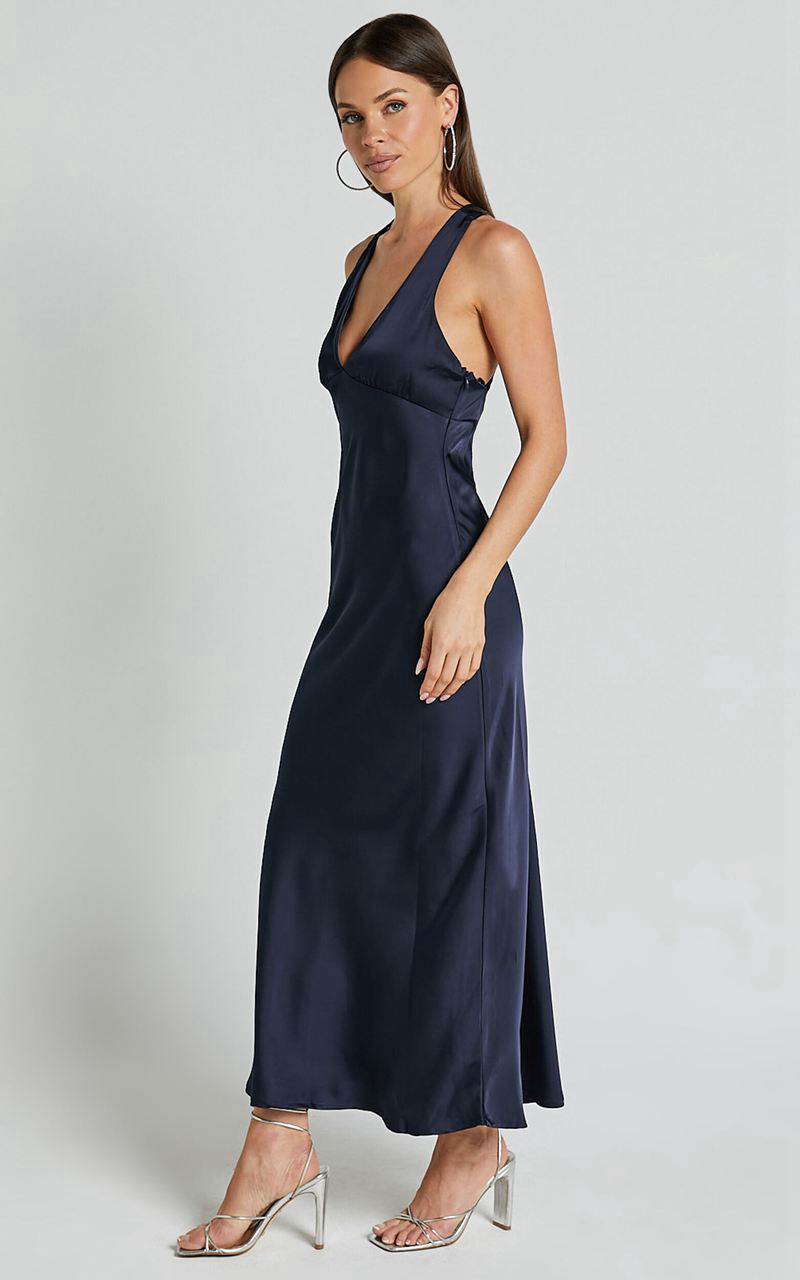 Showpo Khalani Midi Dress - Deep V Neck Satin Slip Dress Navy | DHJZQC294