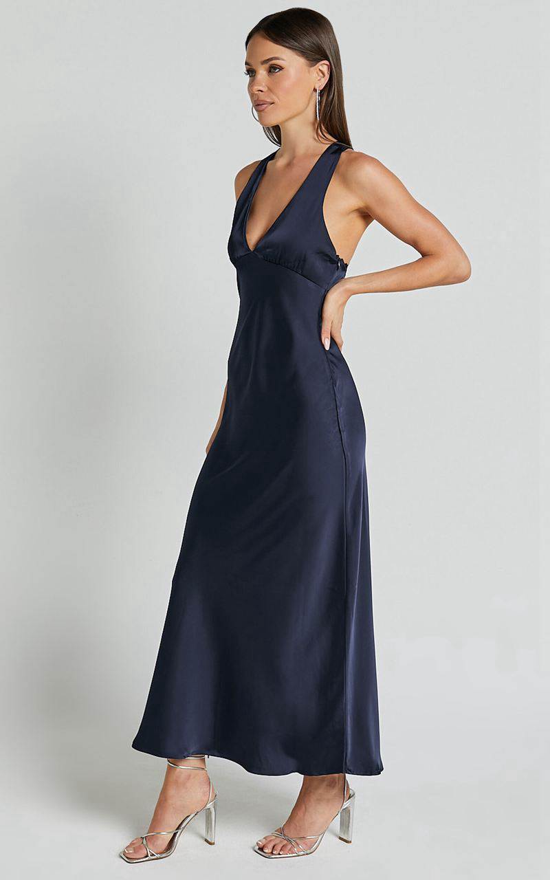 Showpo Khalani Midi Dress - Deep V Neck Satin Slip Dress Navy | DHJZQC294