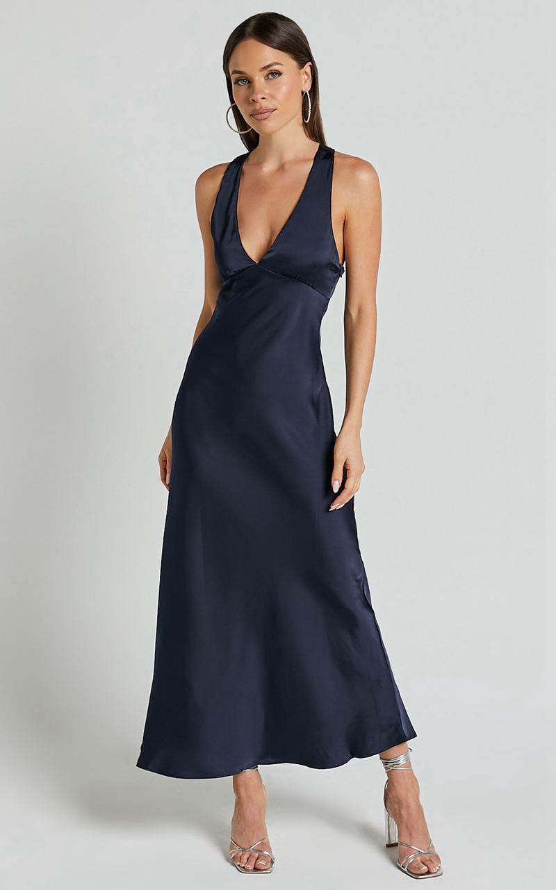 Showpo Khalani Midi Dress - Deep V Neck Satin Slip Dress Navy | DHJZQC294