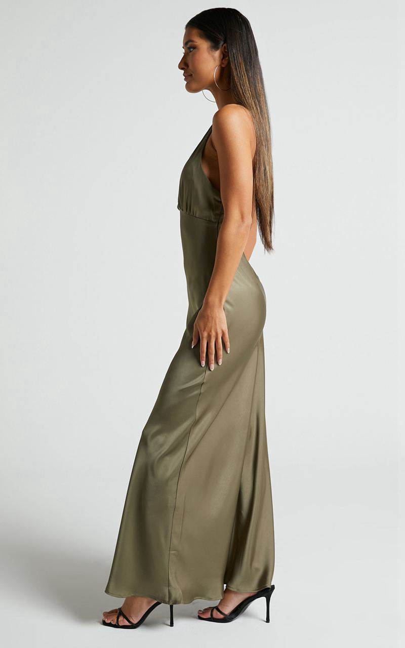 Showpo Khalani Midi Dress - Deep V Neck Satin Slip Dress Dark Olive | ABNPRJ613