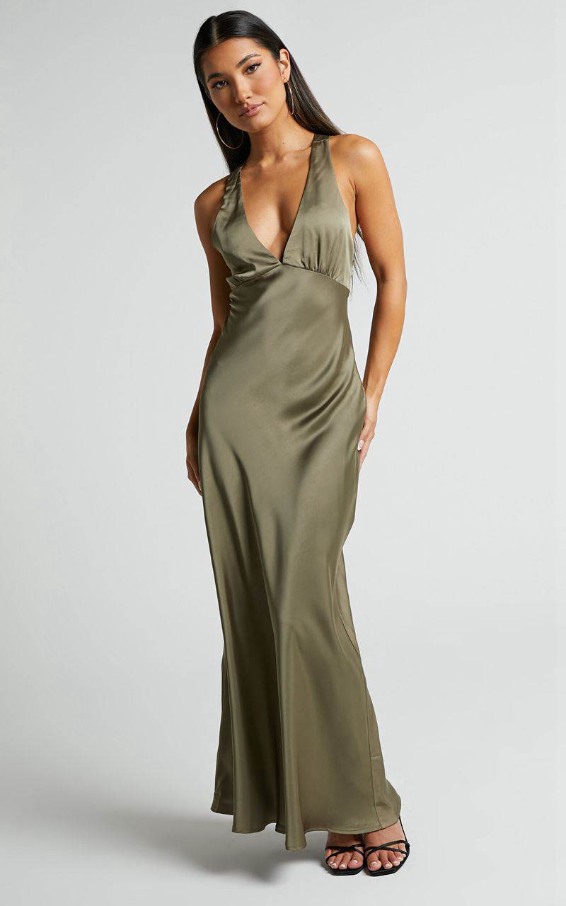 Showpo Khalani Midi Dress - Deep V Neck Satin Slip Dress Dark Olive | ABNPRJ613