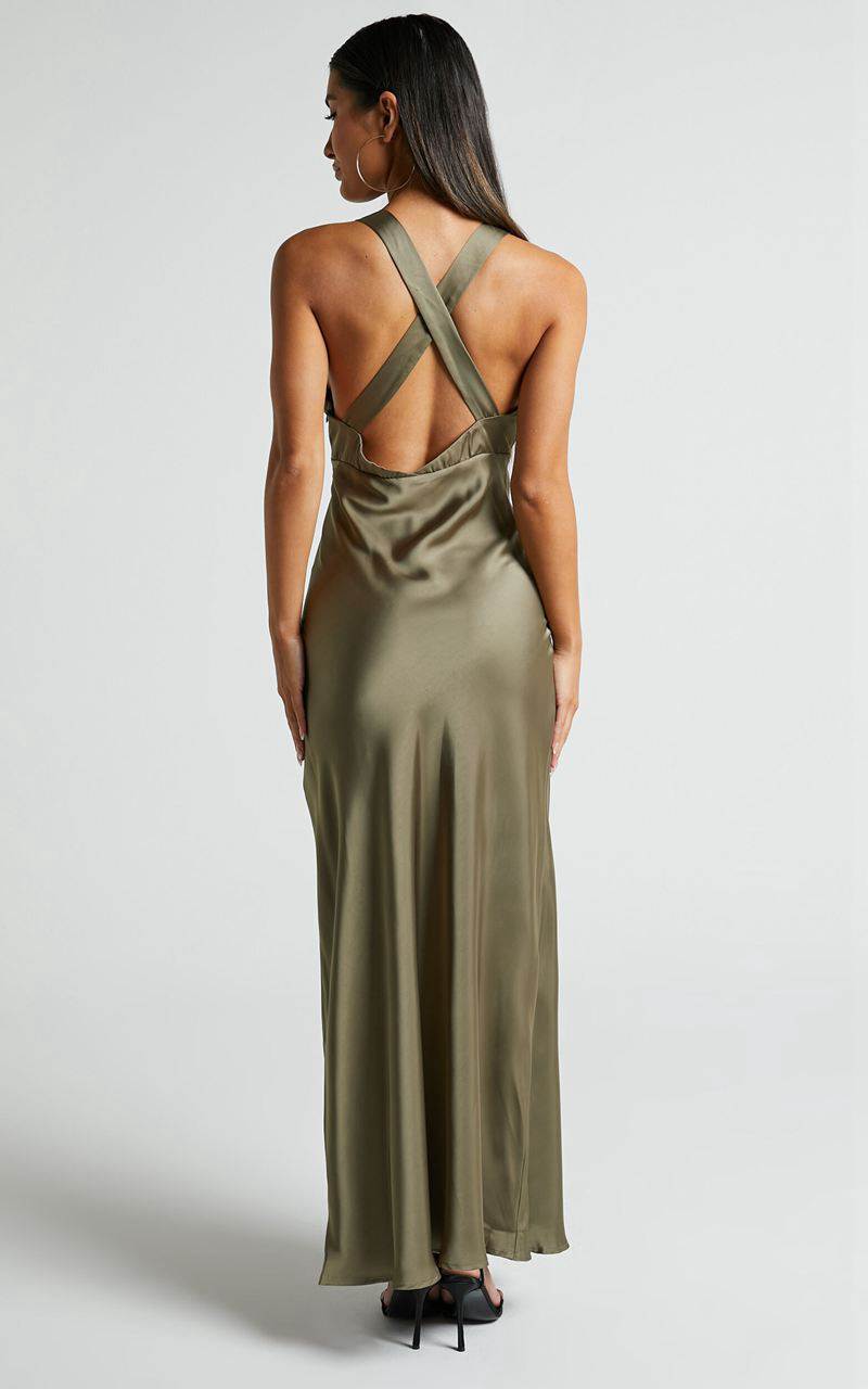 Showpo Khalani Midi Dress - Deep V Neck Satin Slip Dress Dark Olive | ABNPRJ613