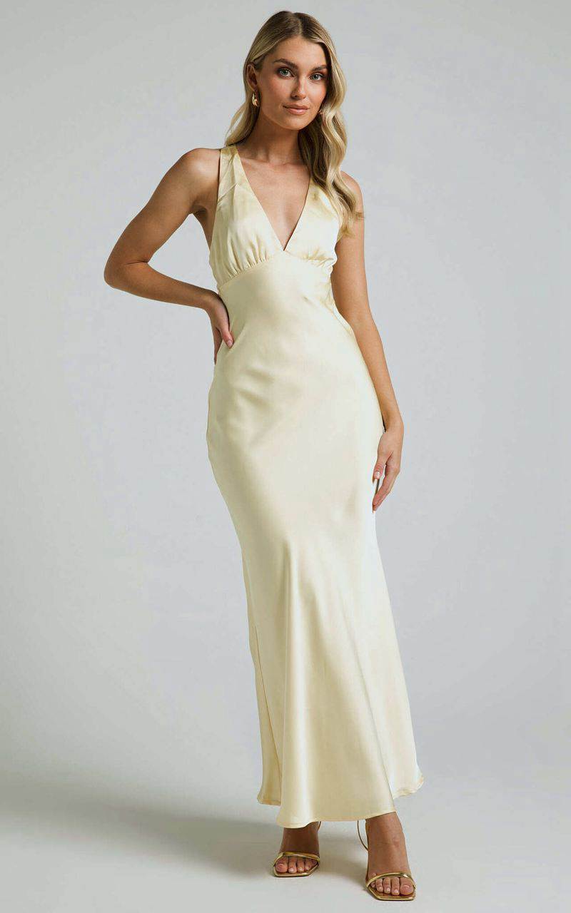 Showpo Khalani Midi Dress - Deep V Neck Satin Slip Dress Butter Yellow | KVHWZC486