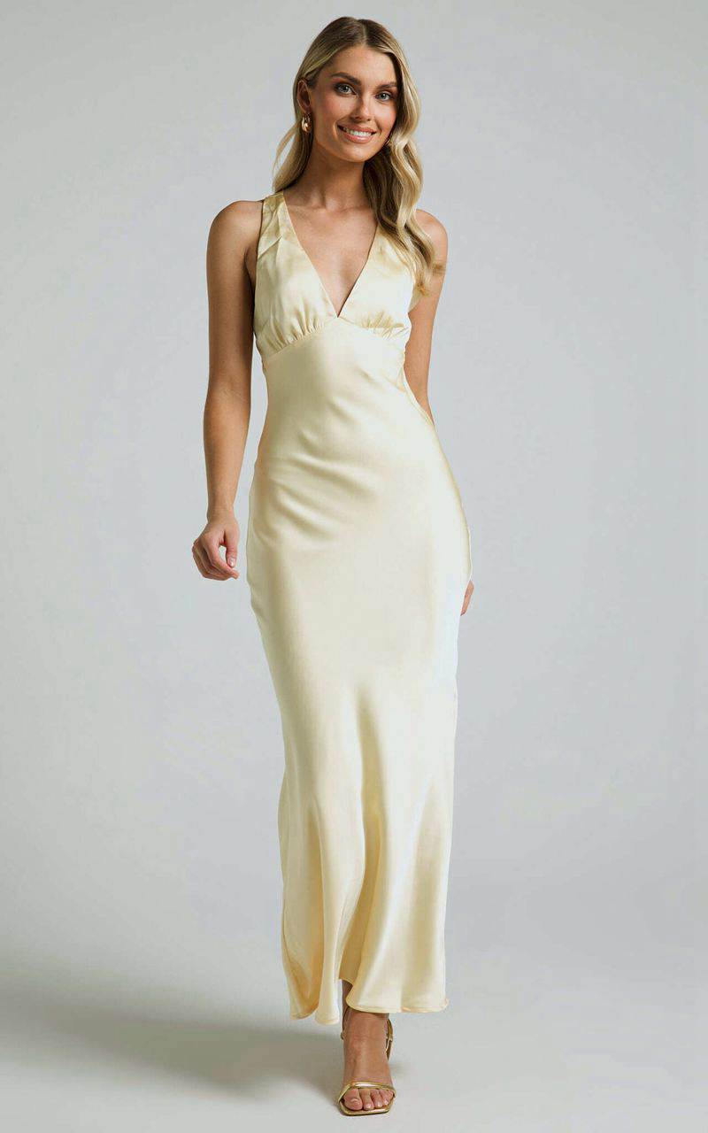 Showpo Khalani Midi Dress - Deep V Neck Satin Slip Dress Butter Yellow | KVHWZC486