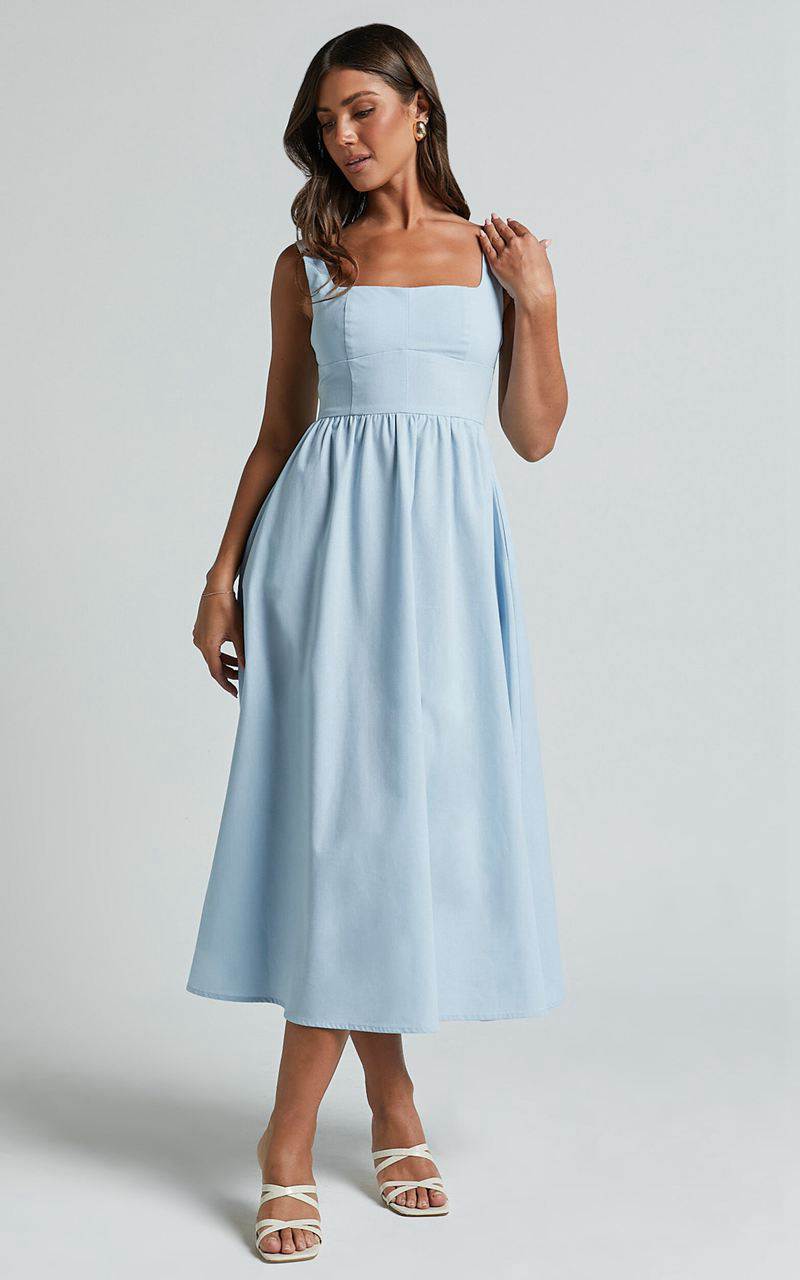 Showpo Khari Midi Dress - Linen Look Square A Line Dress Blue | LQWHRC962