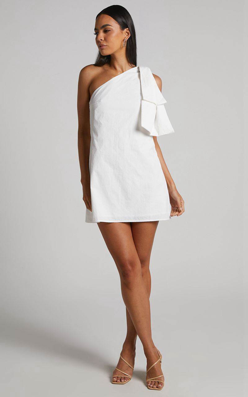 Showpo Khirara Mini Dress - One Shoulder Bow Detail Dress White | XQBMUD571