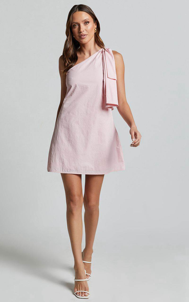 Showpo Khirara Mini Dress - One Shoulder Bow Detail Dress Soft Pink | RVCBIE054