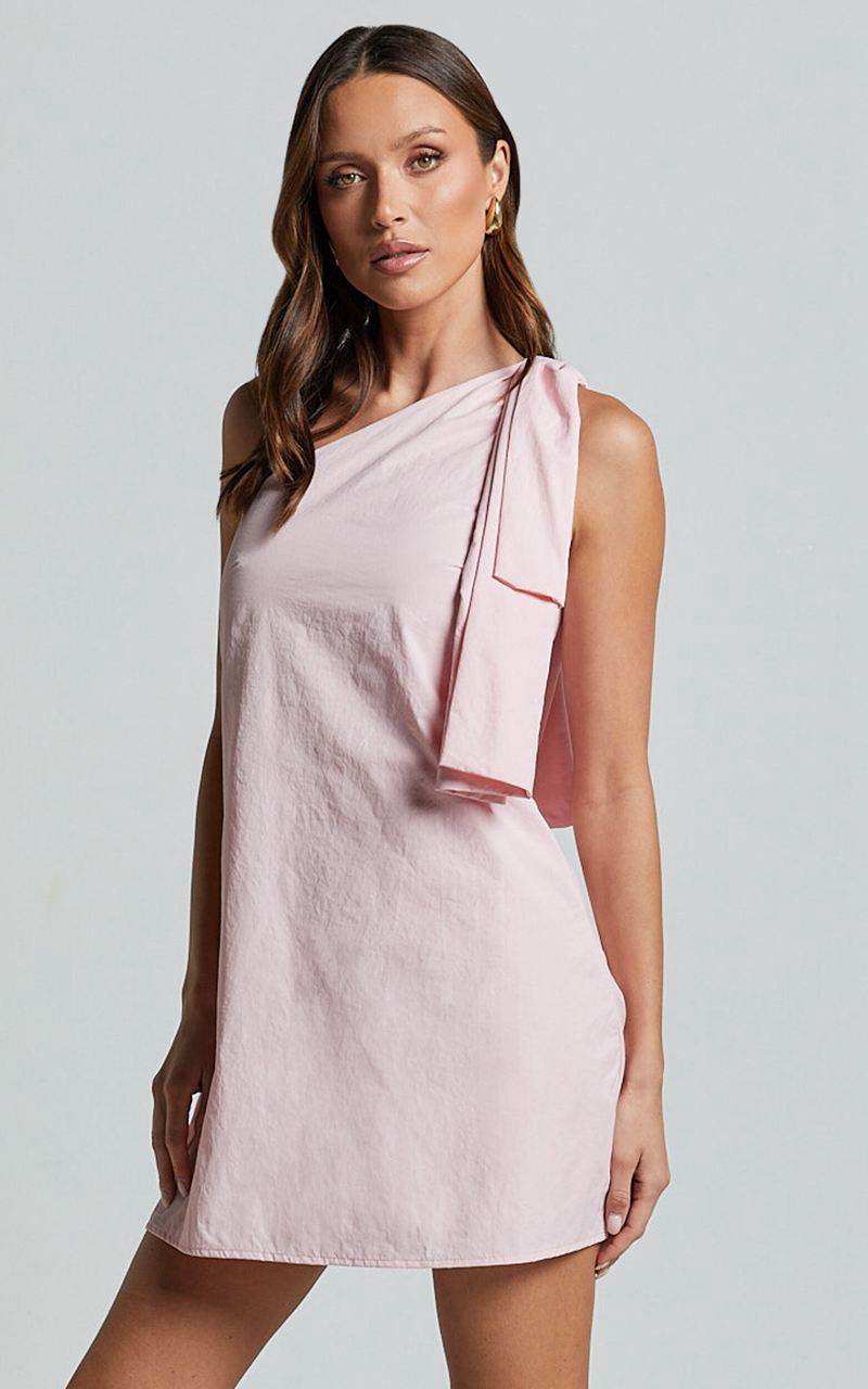 Showpo Khirara Mini Dress - One Shoulder Bow Detail Dress Soft Pink | RVCBIE054