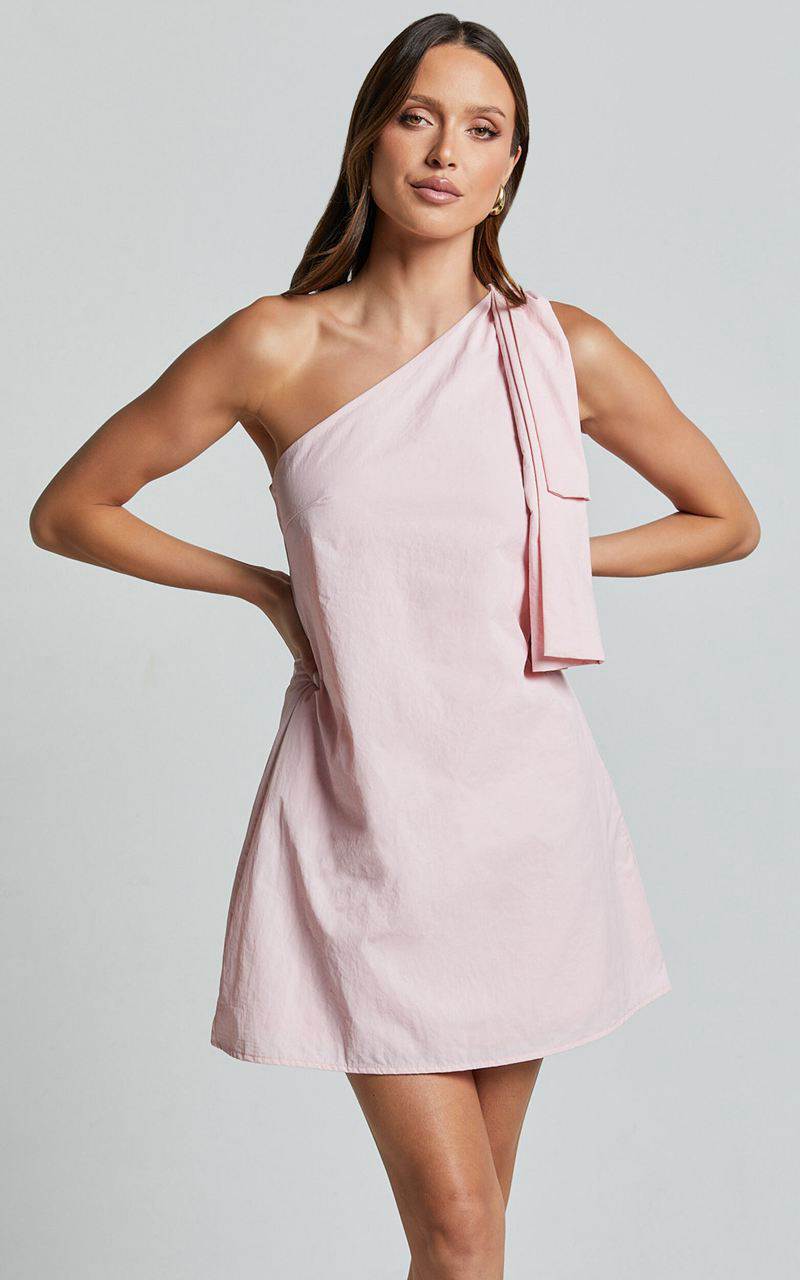 Showpo Khirara Mini Dress - One Shoulder Bow Detail Dress Soft Pink | RVCBIE054