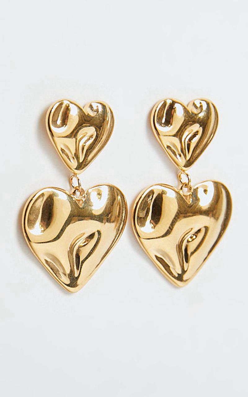 Showpo Khrizza Earrings - Distressed Double Heart Drop Earrings Gold | GAYOPK120