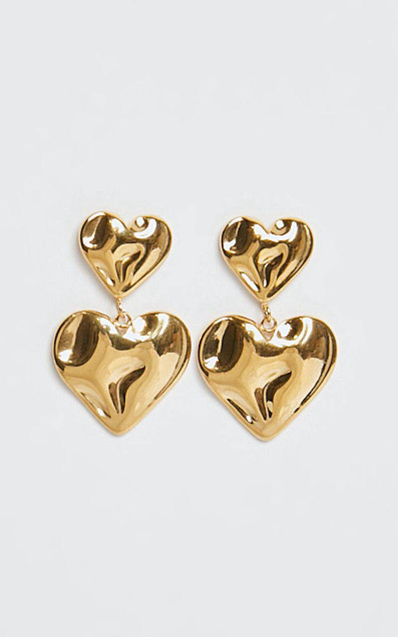 Showpo Khrizza Earrings - Distressed Double Heart Drop Earrings Gold | GAYOPK120