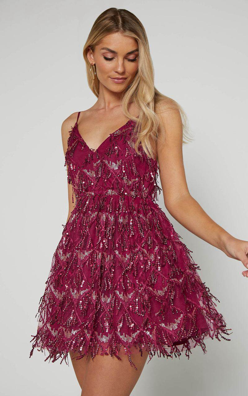 Showpo Khrizza Mini Dress - Sequin Gathered Dress Wine | HJOYDM657