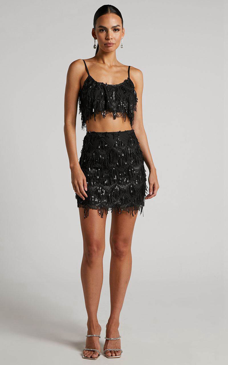 Showpo Khrizza Mini Skirt - Sequin Diamond Mesh Skirt Black | OXWVSA780