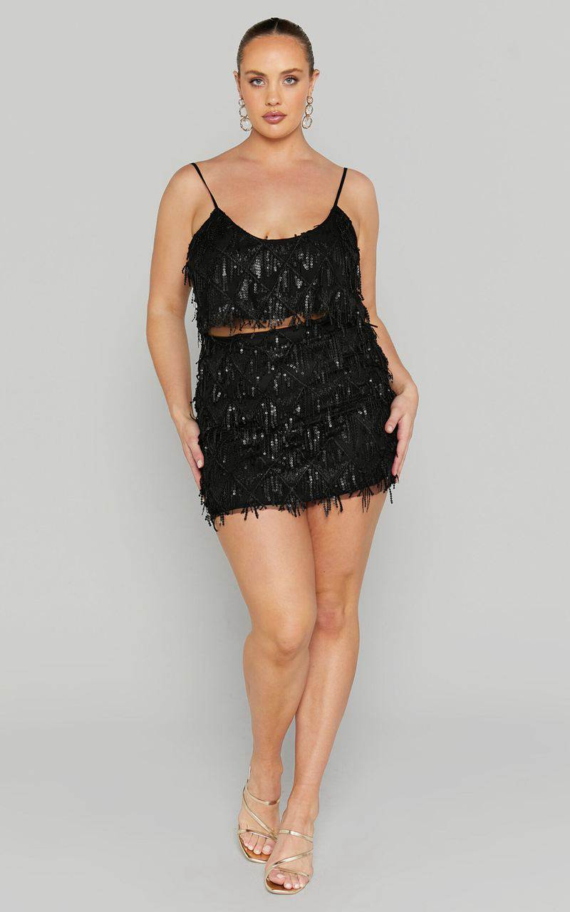 Showpo Khrizza Mini Skirt - Sequin Diamond Mesh Skirt Black | OXWVSA780