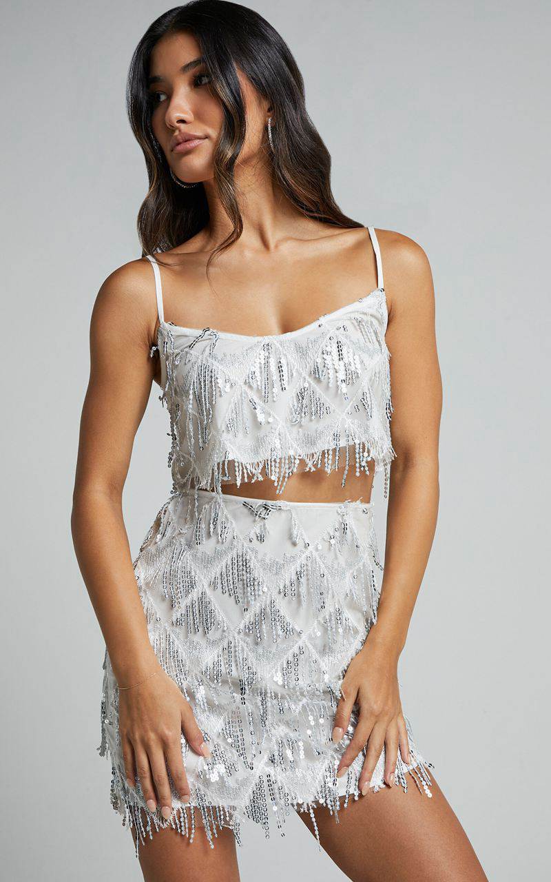 Showpo Khrizza Top - Sequin Diamond Mesh Cropped Cami Top White Silver | DIOWSP318