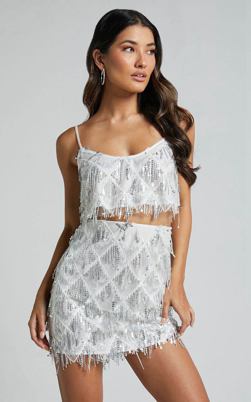 Showpo Khrizza Top - Sequin Diamond Mesh Cropped Cami Top White Silver | DIOWSP318