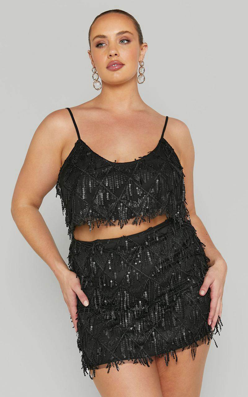 Showpo Khrizza Top - Sequin Diamond Mesh Cropped Cami Top Black | QFBOLJ497