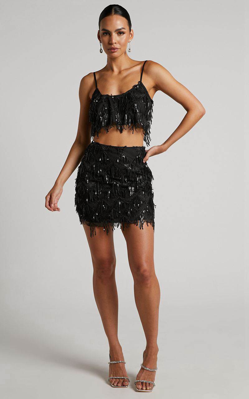 Showpo Khrizza Top - Sequin Diamond Mesh Cropped Cami Top Black | QFBOLJ497