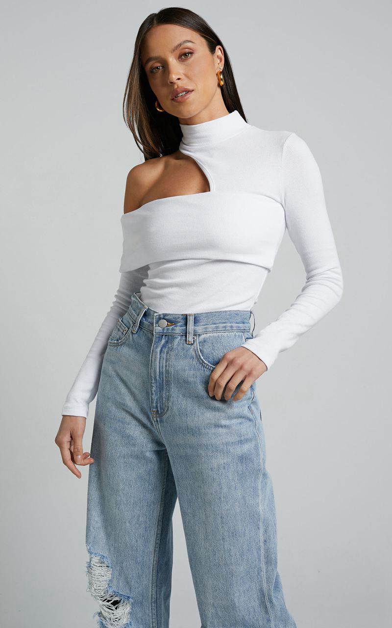 Showpo Kiefer Top - Asymmetric Long Sleeve Cutout Top White | QWMDIS541