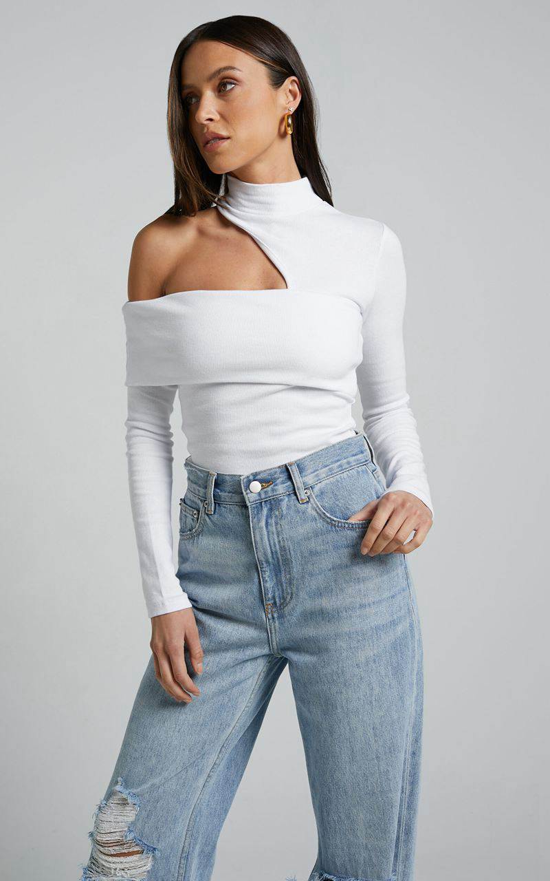 Showpo Kiefer Top - Asymmetric Long Sleeve Cutout Top White | QWMDIS541