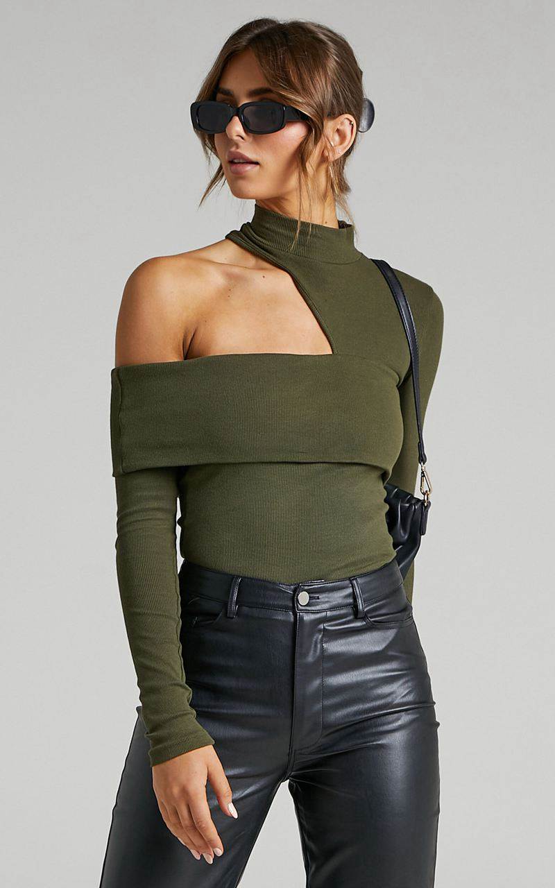 Showpo Kiefer Top - Asymmetric Long Sleeve Cutout Top Khaki | DAZGVE495