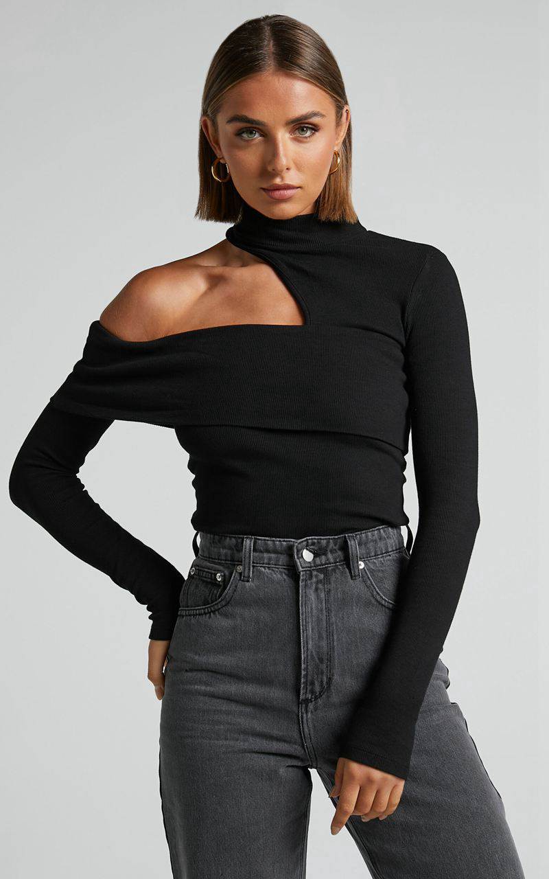 Showpo Kiefer Top - Asymmetric Long Sleeve Cutout Top Black | ZIVBOT591