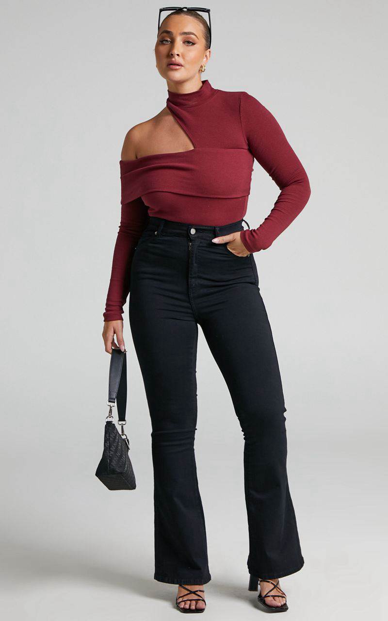 Showpo Kiefer Top - Asymmetric Long Sleeve Cutout Top Wine | DWHKOY167