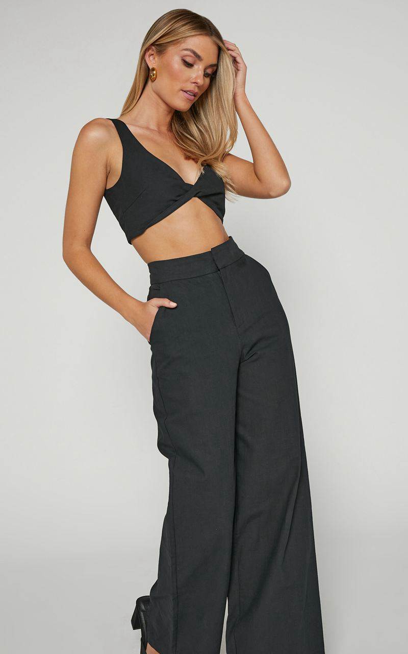 Showpo Kingston Two Piece Set - Twist Front Twill And Wide Leg Pants Set Black | XCLOND350