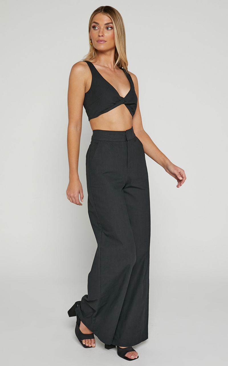 Showpo Kingston Two Piece Set - Twist Front Twill And Wide Leg Pants Set Black | XCLOND350