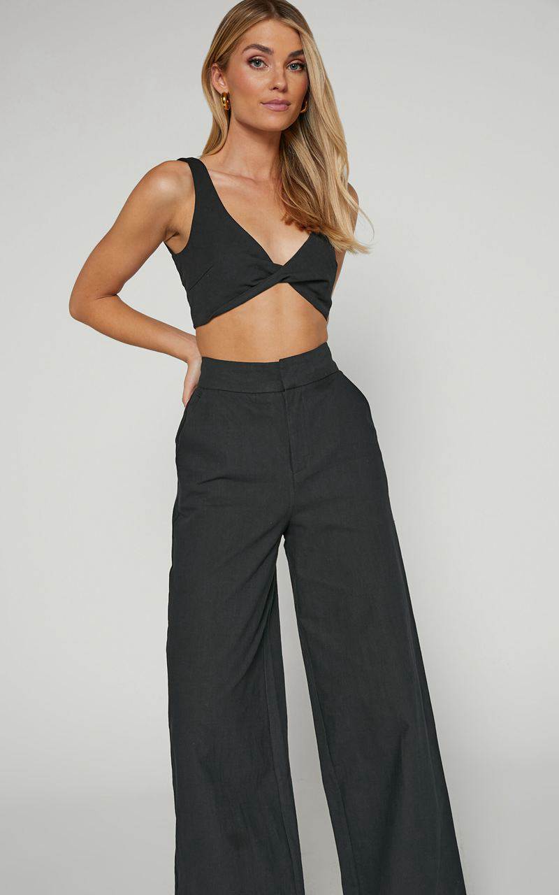 Showpo Kingston Two Piece Set - Twist Front Twill And Wide Leg Pants Set Black | XCLOND350