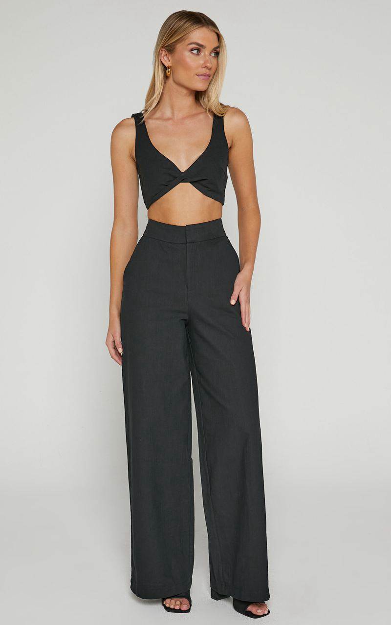 Showpo Kingston Two Piece Set - Twist Front Twill And Wide Leg Pants Set Black | XCLOND350