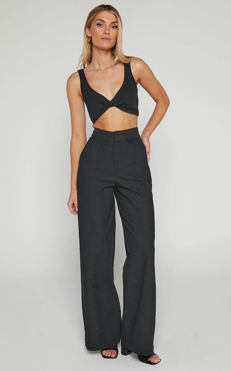 Showpo Kingston Two Piece Set - Twist Front Twill And Wide Leg Pants Set Black | XCLOND350