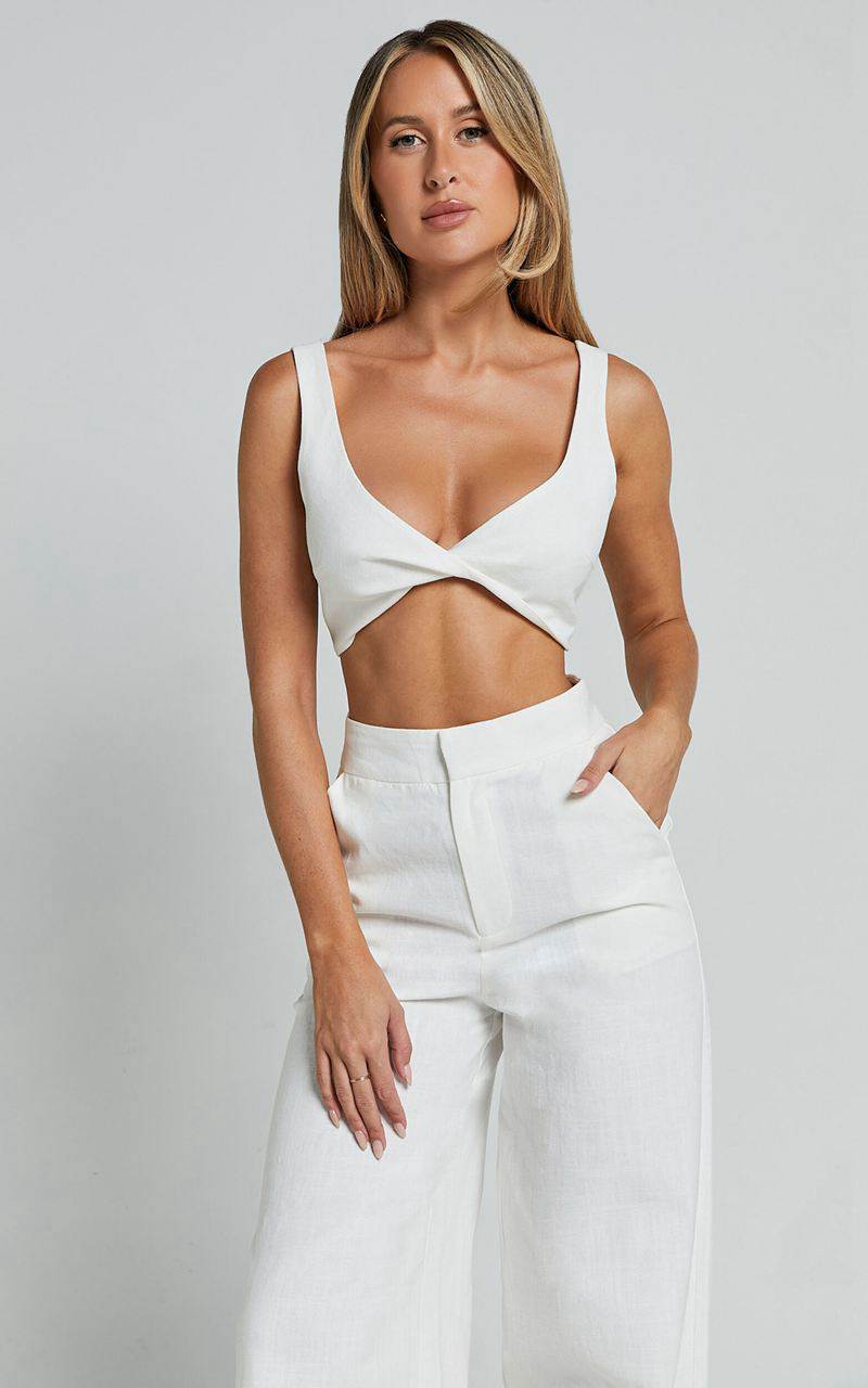 Showpo Kingston Two Piece Set - Twist Front Twill And Wide Leg Pants Set White | BSNQDC087