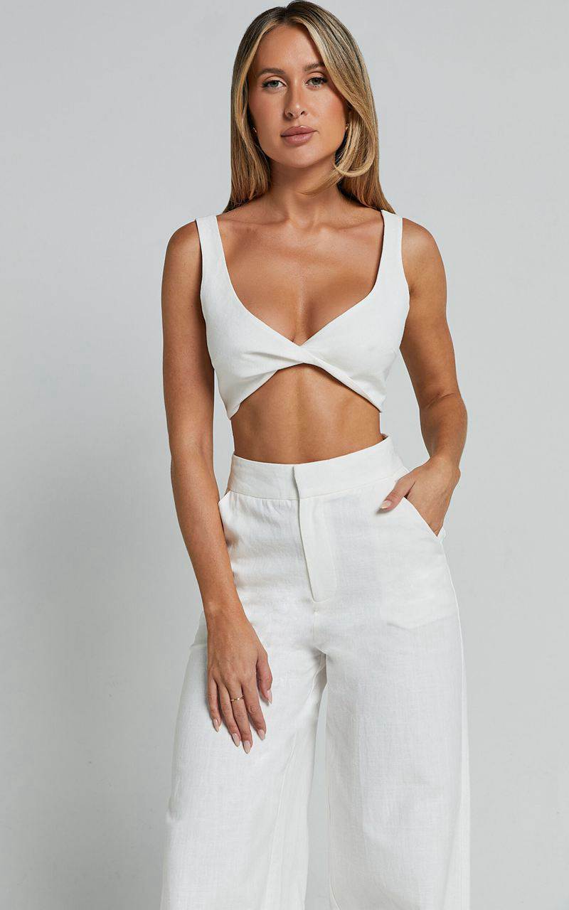 Showpo Kingston Two Piece Set - Twist Front Twill And Wide Leg Pants Set White | BSNQDC087