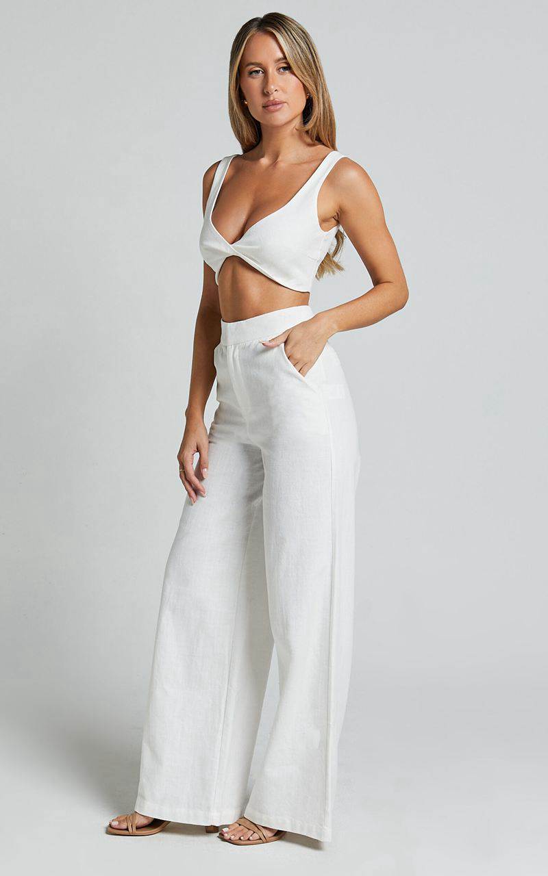 Showpo Kingston Two Piece Set - Twist Front Twill And Wide Leg Pants Set White | BSNQDC087