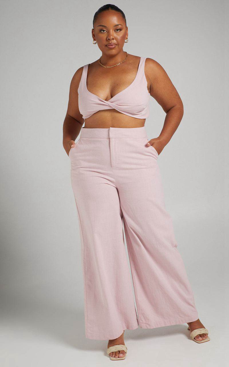 Showpo Kingston Two Piece Set - Twist Front Twill And Wide Leg Pants Set Pink | VHBGEL089