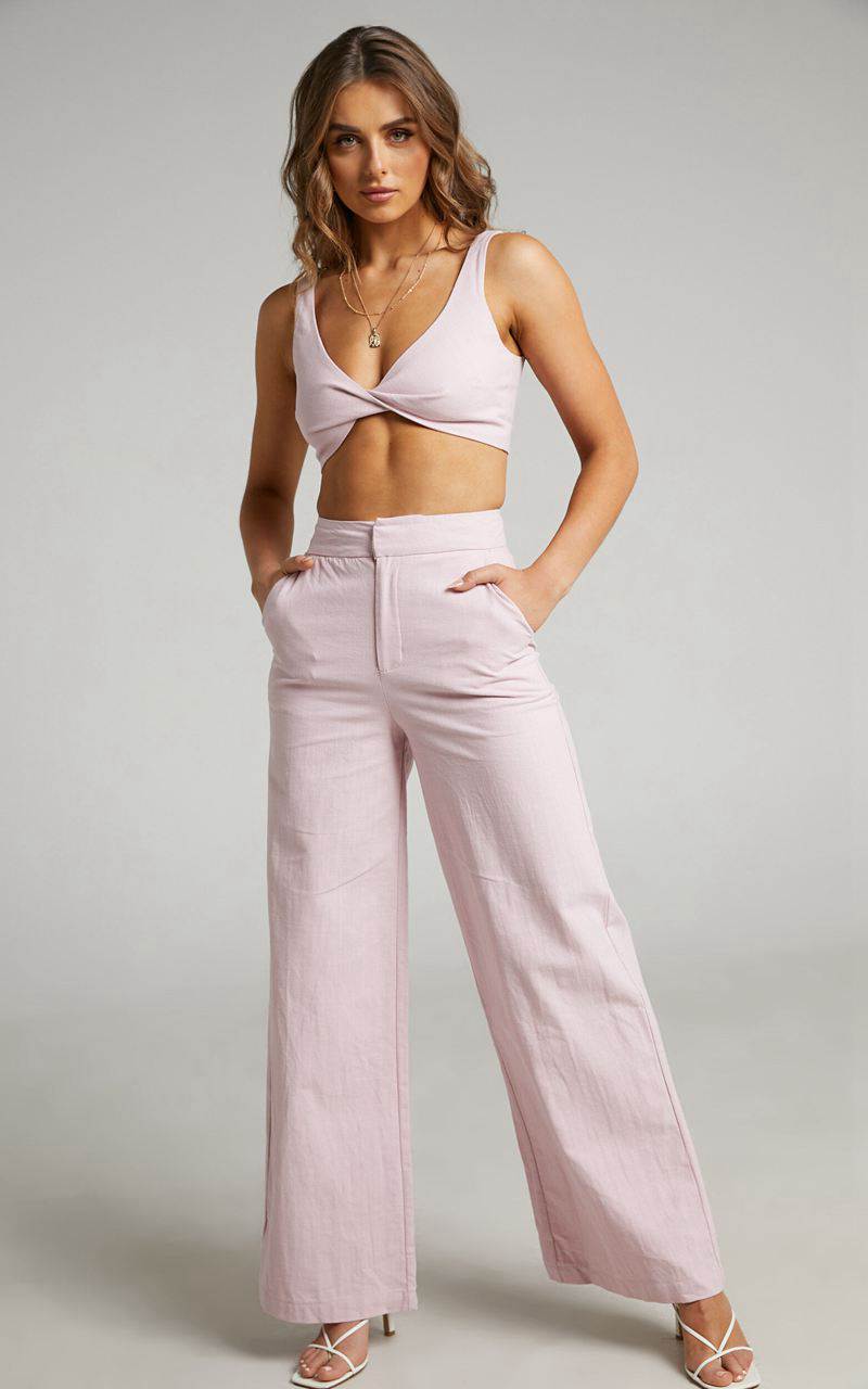 Showpo Kingston Two Piece Set - Twist Front Twill And Wide Leg Pants Set Pink | VHBGEL089