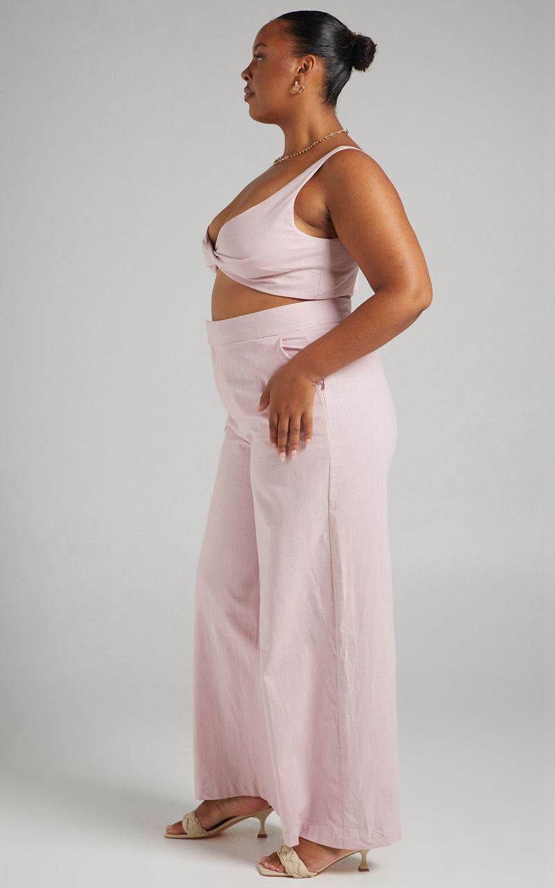 Showpo Kingston Two Piece Set - Twist Front Twill And Wide Leg Pants Set Pink | VHBGEL089