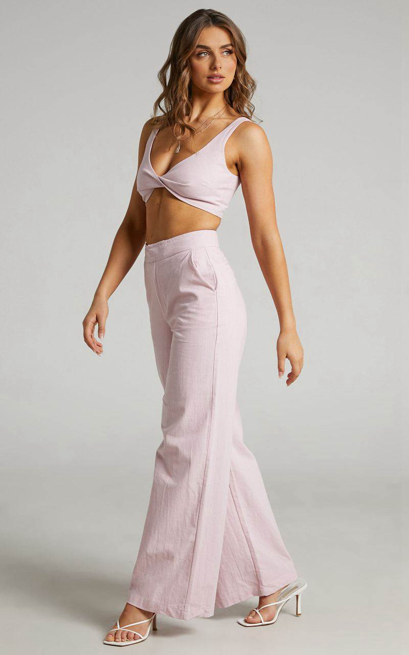 Showpo Kingston Two Piece Set - Twist Front Twill And Wide Leg Pants Set Pink | VHBGEL089