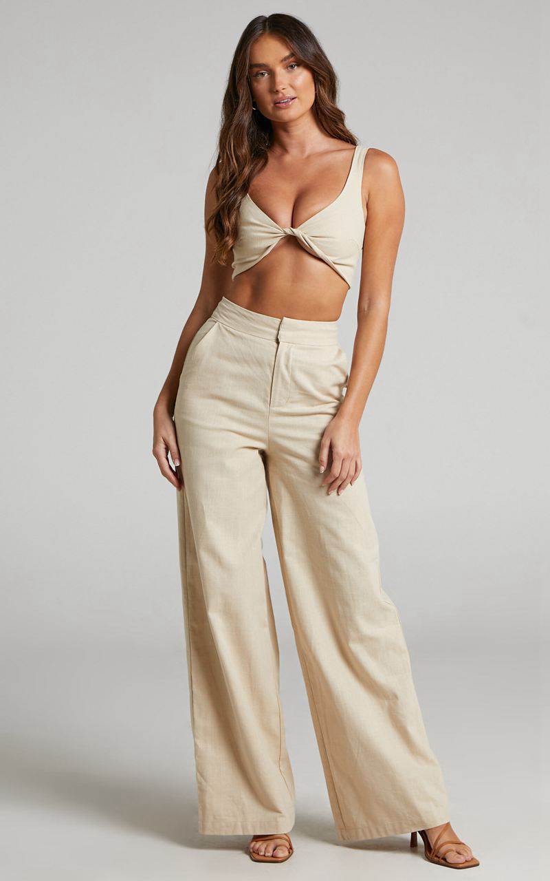 Showpo Kingston Two Piece Set - Twist Front Twill And Wide Leg Pants Set Neutral | KCBWEM792