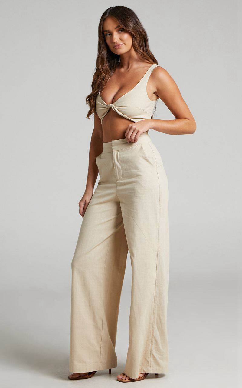 Showpo Kingston Two Piece Set - Twist Front Twill And Wide Leg Pants Set Neutral | KCBWEM792