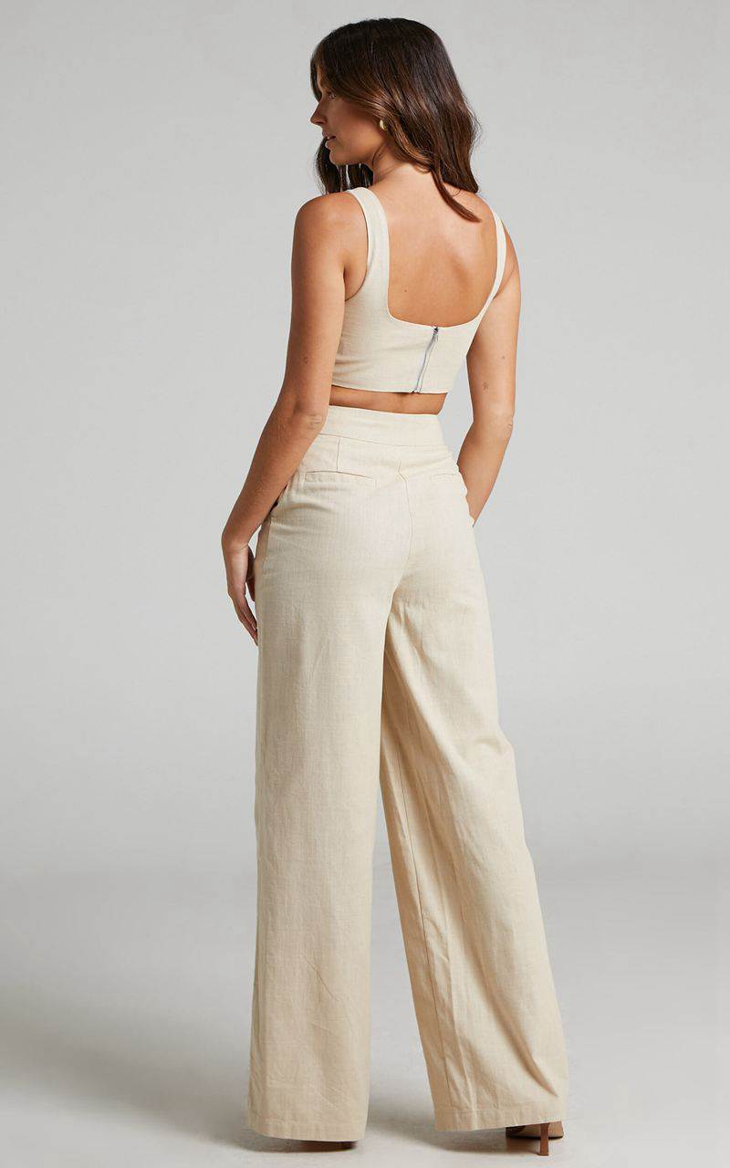 Showpo Kingston Two Piece Set - Twist Front Twill And Wide Leg Pants Set Neutral | KCBWEM792