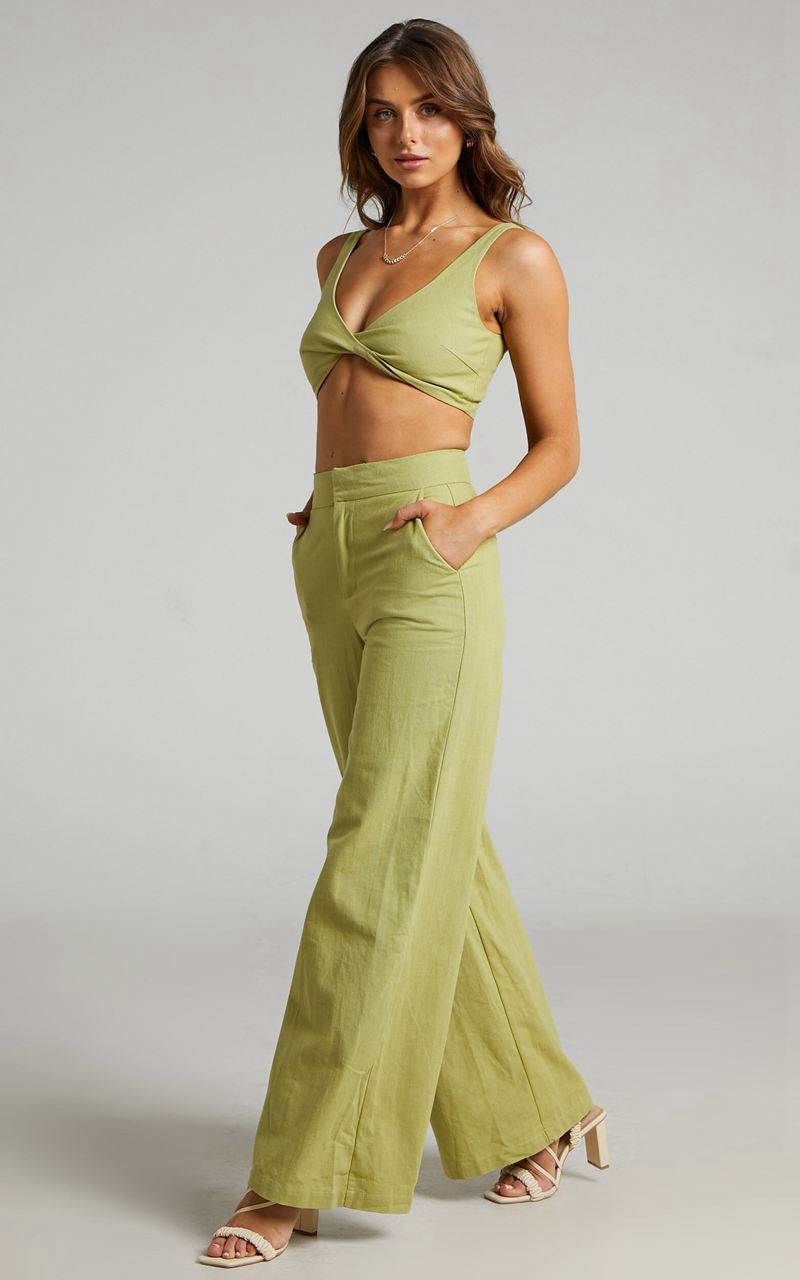 Showpo Kingston Two Piece Set - Twist Front Twill And Wide Leg Pants Set Green | XITYBK967