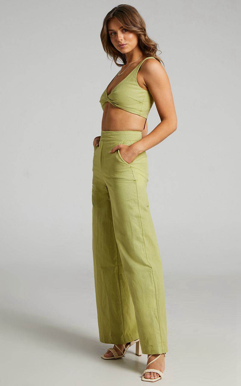 Showpo Kingston Two Piece Set - Twist Front Twill And Wide Leg Pants Set Green | XITYBK967