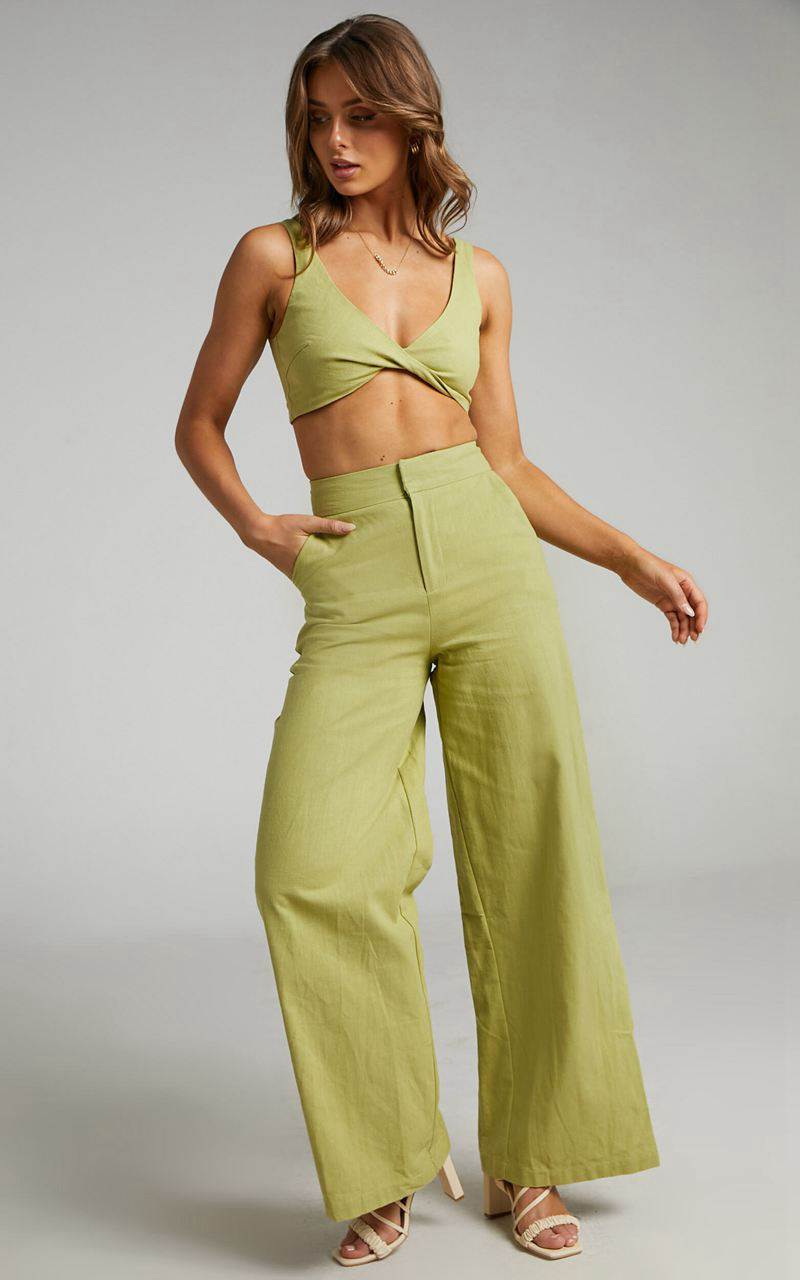 Showpo Kingston Two Piece Set - Twist Front Twill And Wide Leg Pants Set Green | XITYBK967